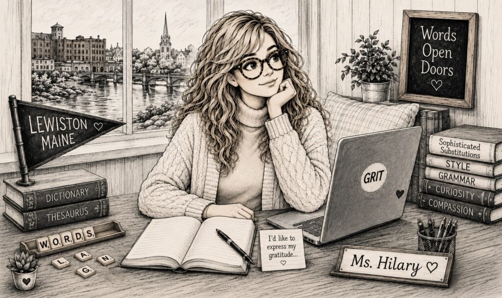 Illustration of Ms. Hilary at a writing desk. Lewiston, Maine is outside her window. "Words Open Doors" framed motto hangs on wall.